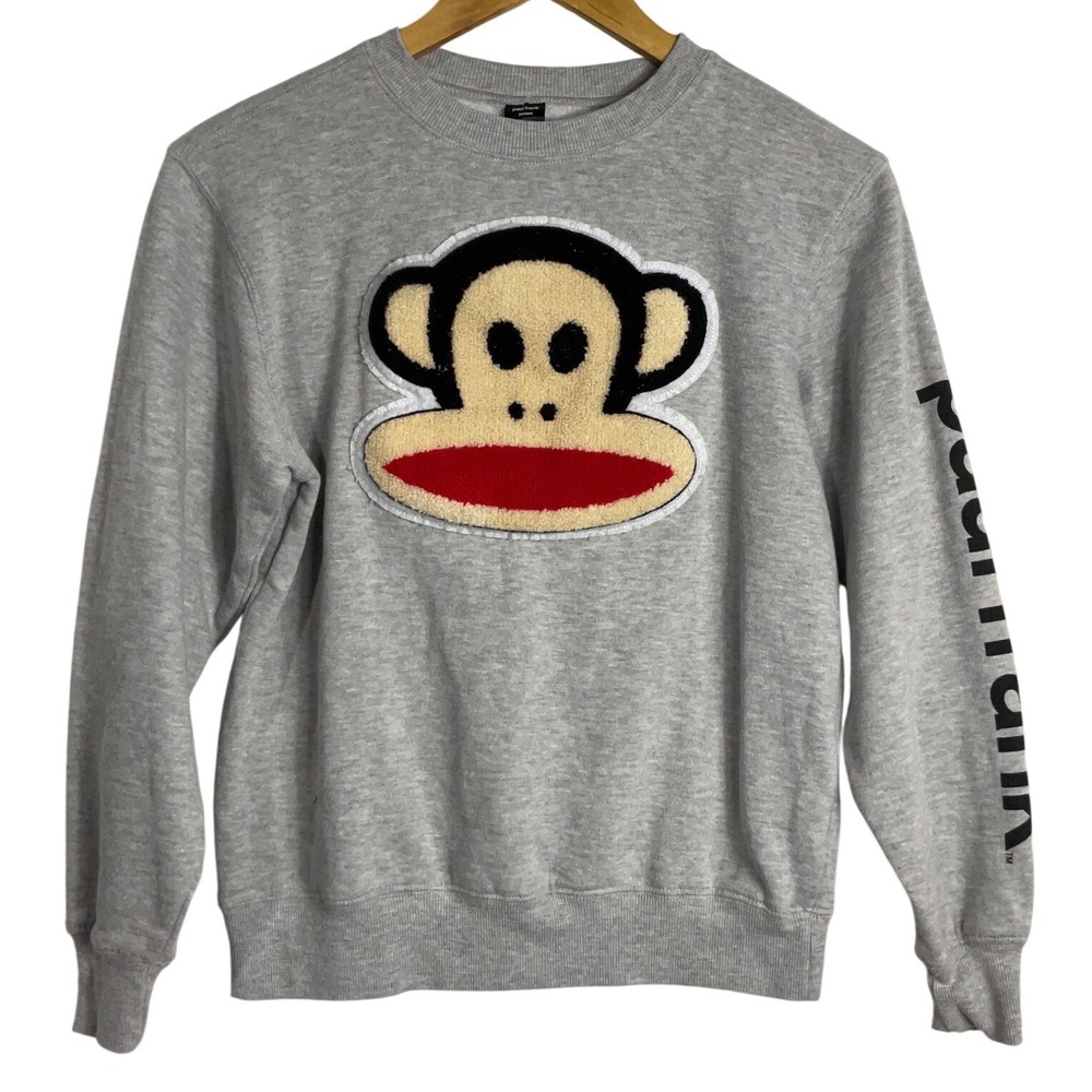 Paul Frank Julius Monkey Chenille Patch Sweatshirt Gray Y2K Logo Sleeve XS